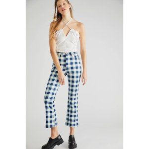 Free People Wrangler Wrock 672 High Rise Kick Flare Jeans Blue White Plaid